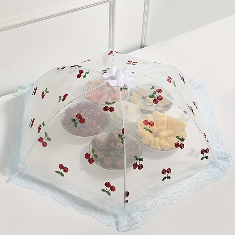 [New, Magic Food Cover] New Magic Mosquito & Dust Proof Foldable Food Cover | Cherry Home 2024 | Carbon Steel Frame & Decorative Cherry Blossom Lace Trim | Outdoor Picnic, BBQ, Garden Party Insect Protection
