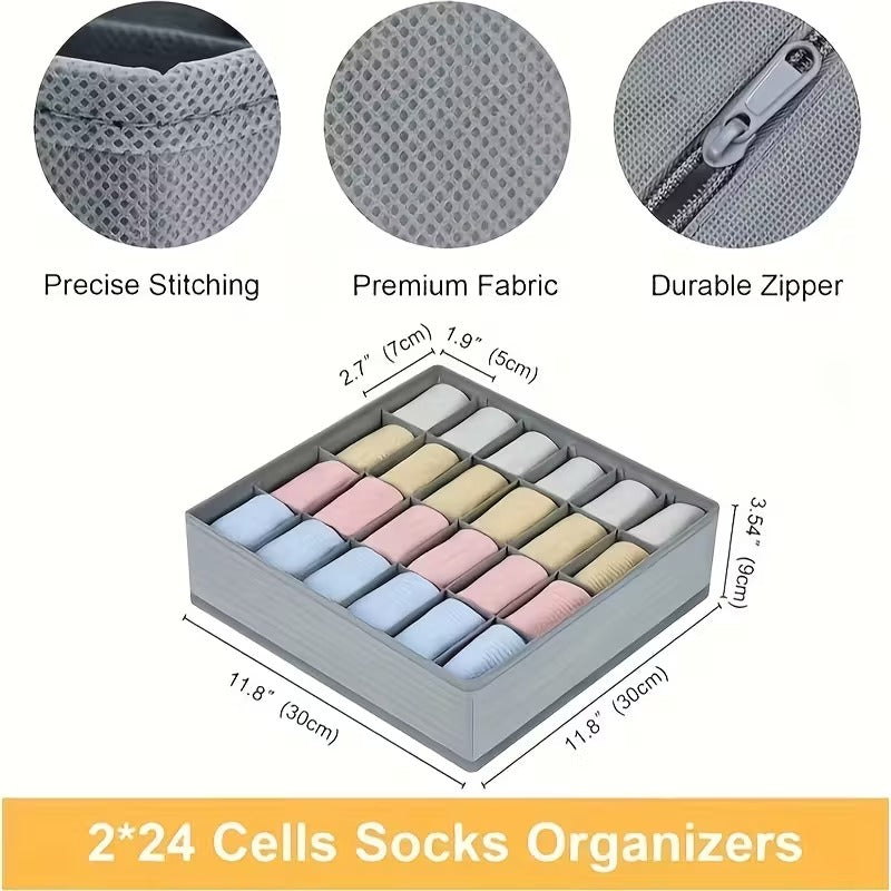 2 Pack 48-Compartment Fabric Socks & Underwear Organizers - Durable Zipper, Foldable Closet Storage Box for Socks, Underwear, Ties - Ideal for Bedroom & Home Decor, Closet Organization | Modern Organizer