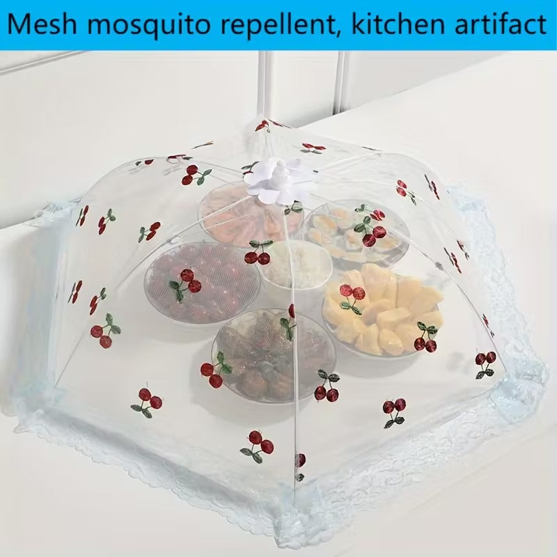 [New, Magic Food Cover] New Magic Mosquito & Dust Proof Foldable Food Cover | Cherry Home 2024 | Carbon Steel Frame & Decorative Cherry Blossom Lace Trim | Outdoor Picnic, BBQ, Garden Party Insect Protection