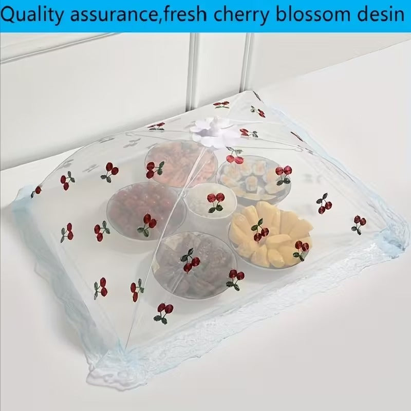 [New, Magic Food Cover] New Magic Mosquito & Dust Proof Foldable Food Cover | Cherry Home 2024 | Carbon Steel Frame & Decorative Cherry Blossom Lace Trim | Outdoor Picnic, BBQ, Garden Party Insect Protection