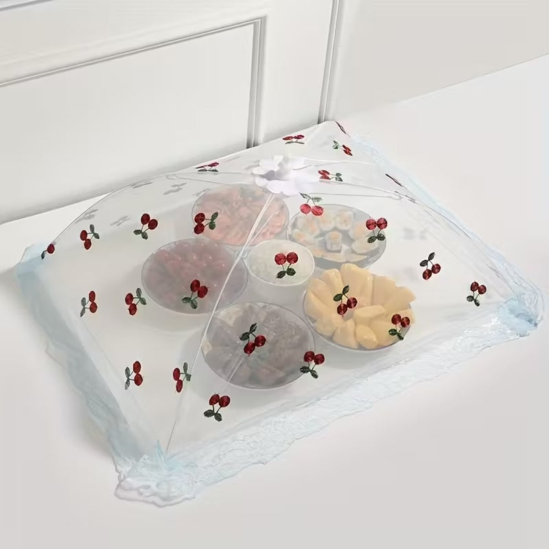 [New, Magic Food Cover] New Magic Mosquito & Dust Proof Foldable Food Cover | Cherry Home 2024 | Carbon Steel Frame & Decorative Cherry Blossom Lace Trim | Outdoor Picnic, BBQ, Garden Party Insect Protection
