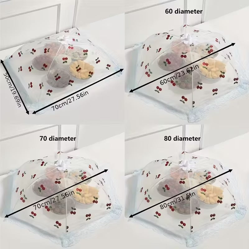 [New, Magic Food Cover] New Magic Mosquito & Dust Proof Foldable Food Cover | Cherry Home 2024 | Carbon Steel Frame & Decorative Cherry Blossom Lace Trim | Outdoor Picnic, BBQ, Garden Party Insect Protection